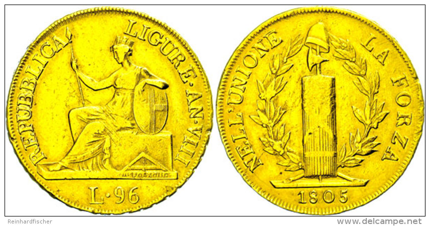 Ligurische Republik, 96 Lire, Gold, 1805, Liguria Sitzend, Fb 448, KM 270, Kl. Randfehler, Ss  SsLigurische... - Otros & Sin Clasificación
