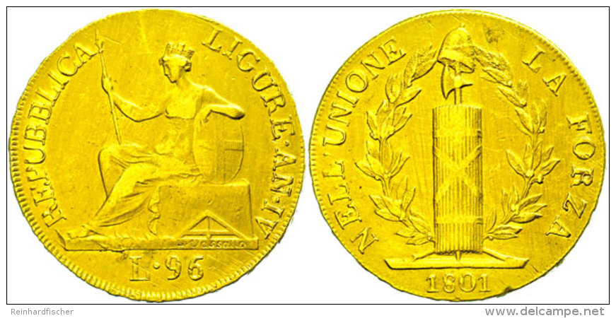 Ligurische Republik, 96 Lire, Gold, 1801, Liguria Sitzend, Fb 448, KM 270, Kl. Randfehler, Ss  SsLigurische... - Autres & Non Classés