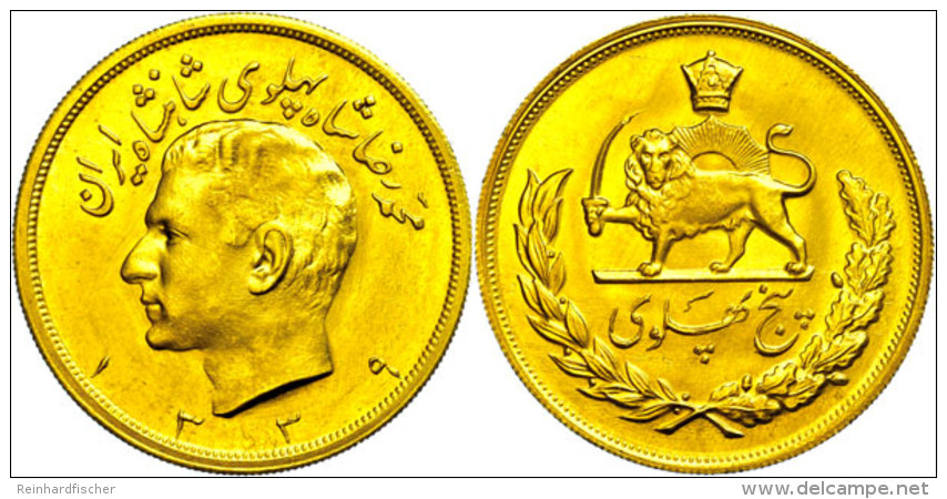 5 Pahlavi, Gold, 1960 (SH 1339), Mohammed Reza Pahlavi, Fb. 99, KM 1164, Kl. Rf., Vz-st.  Vz-st5 Pahlavi, Gold,... - Irán