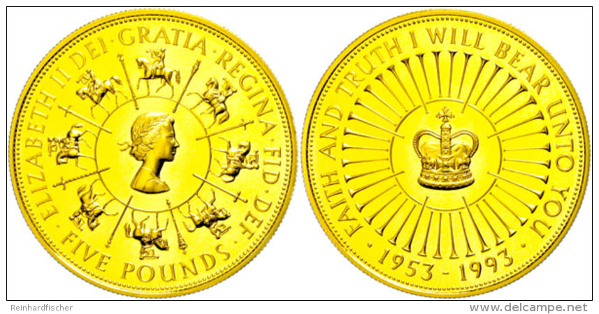 5 Pounds, Gold, 1993, Gold, Auf Das 40. Krönungsjubiläum, Mit Zertifikat In Ausgabeschatulle, Auflage Nur... - Autres & Non Classés