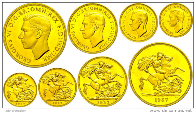 Specimen Gold Coins Set 1937 Mit 4 Münzen, 5 Pounds, 2 Pounds, 1 Sovereign Und 1/2 Sovereign, George VI.,... - Autres & Non Classés