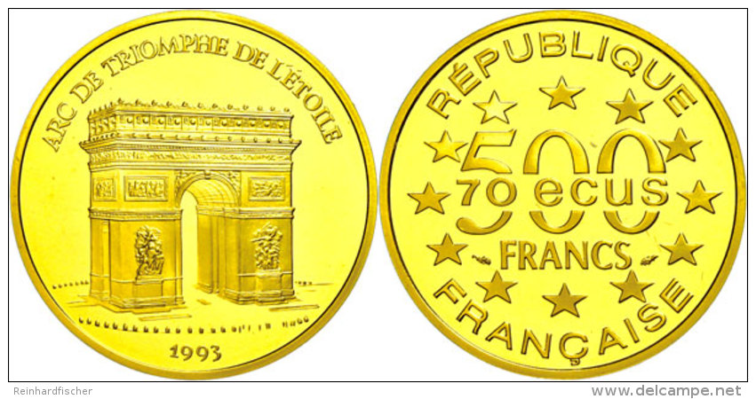500 Francs (70 Ecu), Gold, 1993, Arc De Triomphe, Fb. 624b, In Kapsel, PP.  PP500 Franc (70 European Currency... - Otros & Sin Clasificación