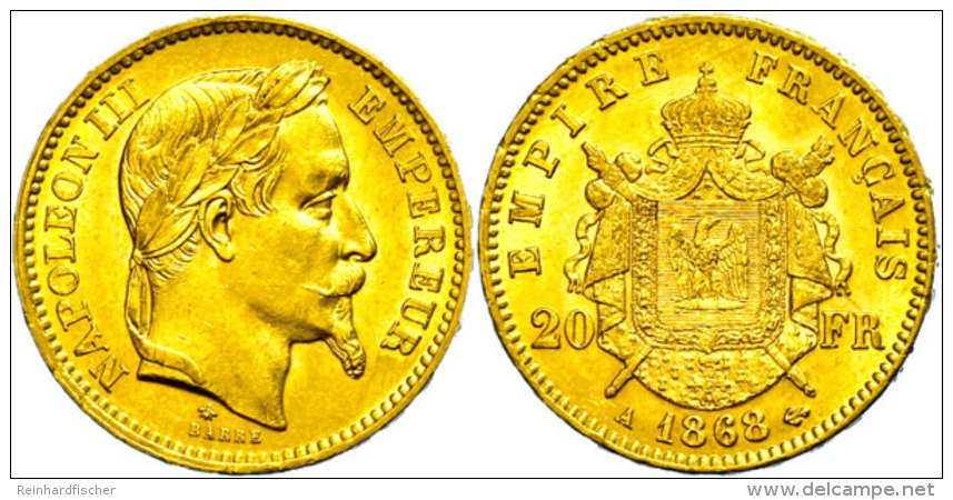 20 Francs, Gold, 1868, Napoleon III., Paris, Fb. 584, Wz. Rf., Vz.  Vz20 Franc, Gold, 1868, Napoleon III.,... - Otros & Sin Clasificación