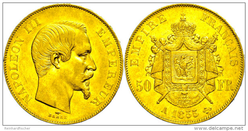50 Francs, Gold, 1855, Napoleon III., Paris, Fb. 571, Kl. Rf., Ss-vz.  Ss-vz50 Franc, Gold, 1855, Napoleon... - Autres & Non Classés