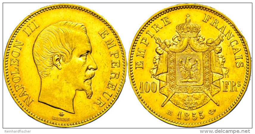 100 Francs, Gold, 1855, Napoleon III., Straßburg, Fb. 570, Randschlag, Ss-vz  Ss-vz100 Franc, Gold, 1855,... - Autres & Non Classés