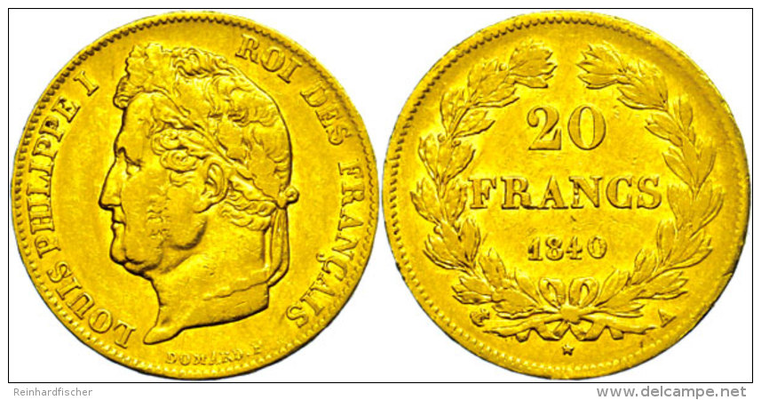 20 Francs, Gold, 1840, Louis Philippe I., Paris, Fb. 560, Kl. Rf., Ss.  Ss20 Franc, Gold, 1840, Louis Philippe... - Otros & Sin Clasificación