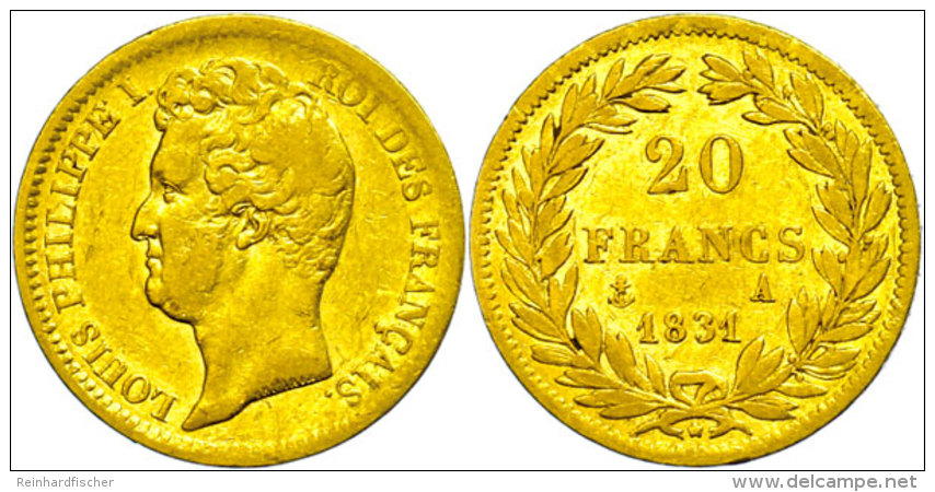 20 Francs, Gold, 1831, Louis Philippe I., Paris, Fb. 553, Kl. Rf., Ss.  Ss20 Franc, Gold, 1831, Louis Philippe... - Otros & Sin Clasificación