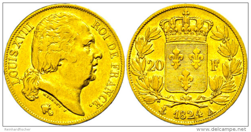 20 Francs, Gold, 1824, Ludwig XVIII., Paris, Fb. 538, Kl. Rf., Ss+.  20 Franc, Gold, 1824, Ludwig XVIII.,... - Autres & Non Classés