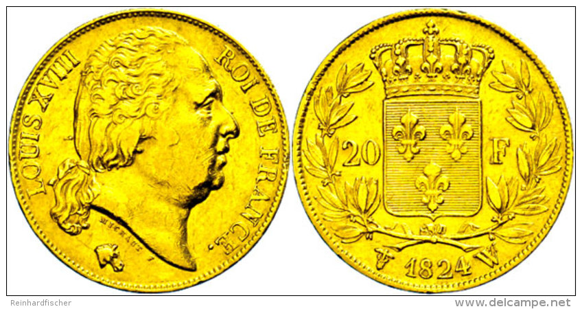 20 Francs, Gold, 1824, Ludwig XVIII., Lille, Fb. 539, Randfehler, Ss-vz.  Ss-vz20 Franc, Gold, 1824, Ludwig... - Autres & Non Classés