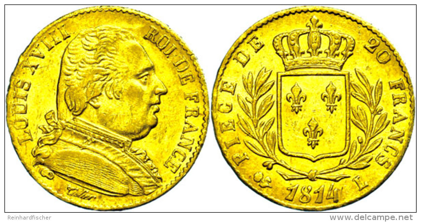 20 Francs, Gold, 1814, Ludwig XVIII., Bayonne, Fb. 526, Kl. Rf., Ss-vz.  Ss20 Franc, Gold, 1814, Ludwig XVIII.,... - Autres & Non Classés