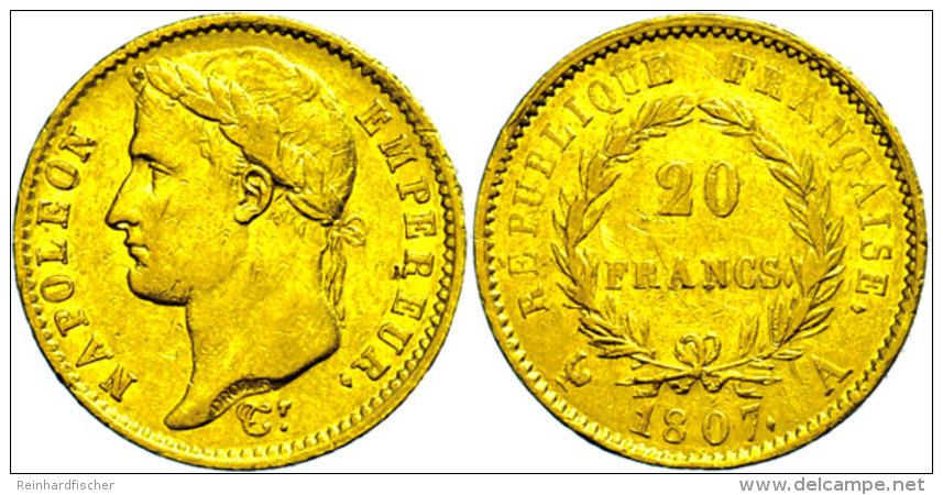20 Francs, Gold, 1807, Napoleon, Paris, Fb. 499, Randfehler, Ss.  Ss20 Franc, Gold, 1807, Napoleon, Paris, Fb.... - Autres & Non Classés