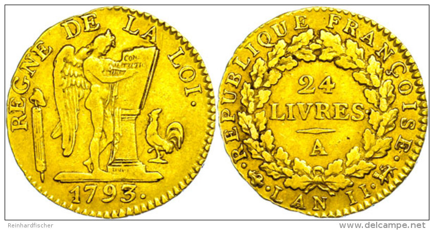 24 Livres, Gold, 1793 (L'AN II), Paris, Fb. 478, Ss.  Ss24 Livres, Gold, 1793 (L'AN II), Paris, Fb. 478, Very... - Otros & Sin Clasificación