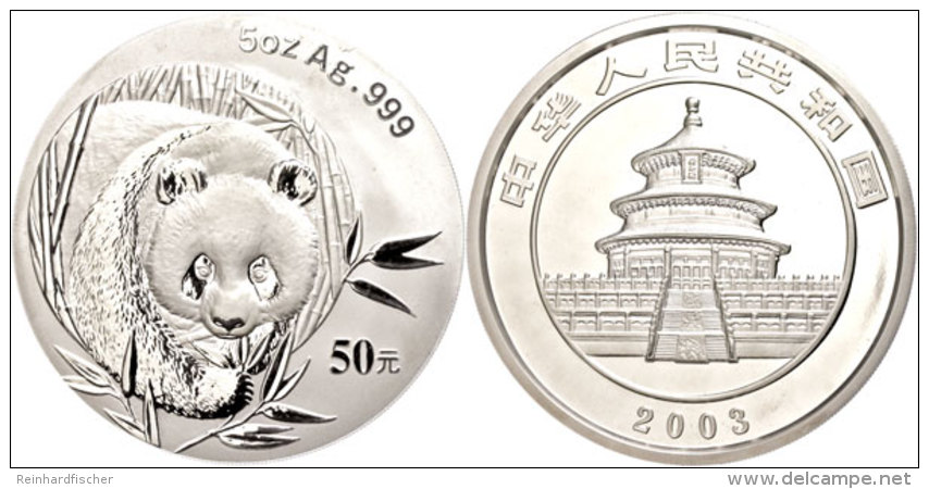 50 Yuan, 5 Oz Silber, 2003, Panda Von Vorne, KM 1468, Schön 1367, In Kapsel, In Originalschatulle Mit... - Chine