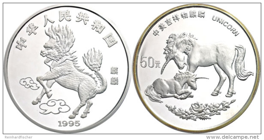 50 Yuan (5 Oz) 1995, Silber, "Einhorn 2. Ausgabe - Chinesisches Einhorn Und Westliches Einhorn Mit Jungtier" KM... - Chine