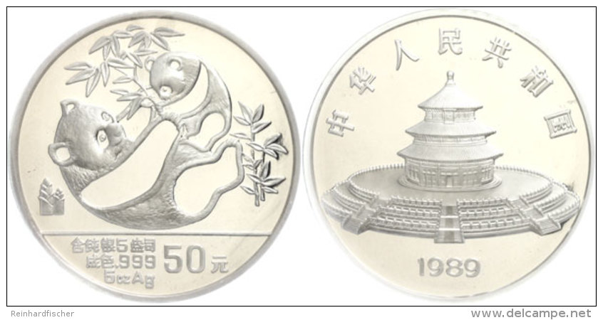 50 Yuan, 5 Oz Silber, 1989, Panda Auf Dem Rücken Liegend Mit Jungtier Auf Dem Bauch, KM 225, Schön 216,... - China