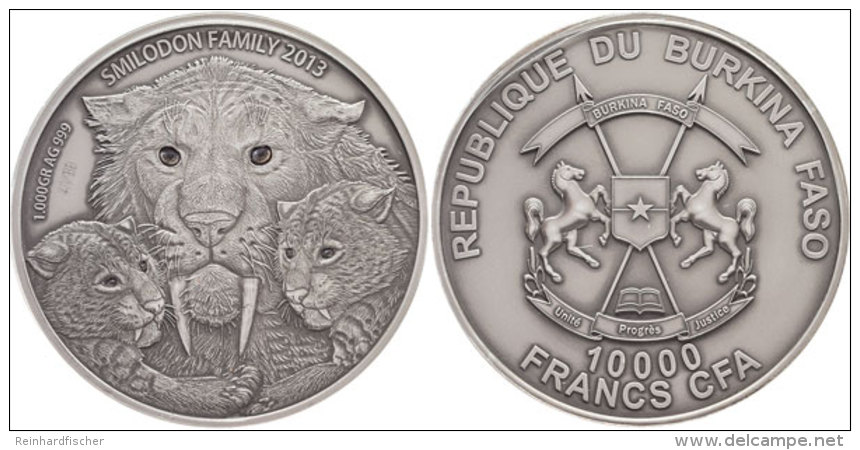 10000 Francs CFA, 1 KG Silber, 2013, Säbelzahntieger, , Auflage Nur 99 Stück, In Rahmen Aus Acrylglas,... - Burkina Faso