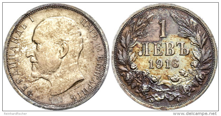 1 Lev, 1916, 835er Silber, 5,05 G,  Av.: Kopfbild Von Ferdinand I. N. Links (nach Rudolph Marschall). Rev.: Wert Im... - Bulgarien