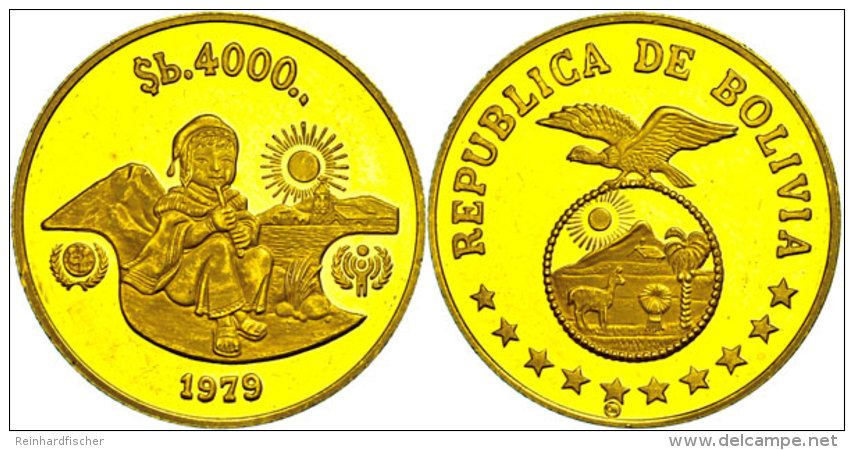 4000 Pesos Bolivianos, Gold, Jahr Des Kindes, KM 199, Fb. 44, Vz Aus PP.  4000 Peso Bolivianos, Gold, Year Of... - Bolivia