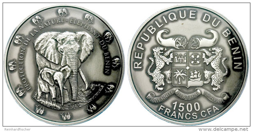 1500 Francs CFA, 2015, Silber 0,999, 2 Oz 46 Mm, Der Elefant Von Benin, Vs. Wappen. Rev. Elefant Mit Jungtier,... - Benin