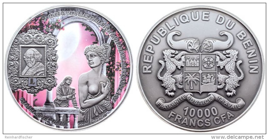 10000 Francs, 1 KG Silber, 2014, Romeo Und Julia, Coloriert, Auflage Nur 99 Stück, In Rahmen Aus Acrylglas,... - Benín