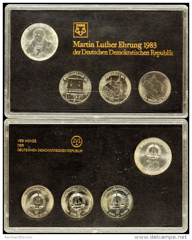 Gedenksatz Martin Luther Ehrung 1983 Mit 4 Prägungen, Dabei 20 Mark Luther 1983, 5 Mark Luthers Geburtshaus... - Münz- Und Jahressets