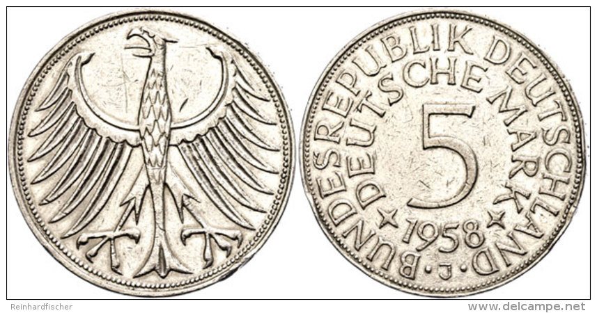 5 Mark, 1958 J, Großer Adler, Rf, Kratzer, Ss, Katalog: J. 387 Ss5 Mark, 1958 J, Large Eagle, Rf,... - Other & Unclassified