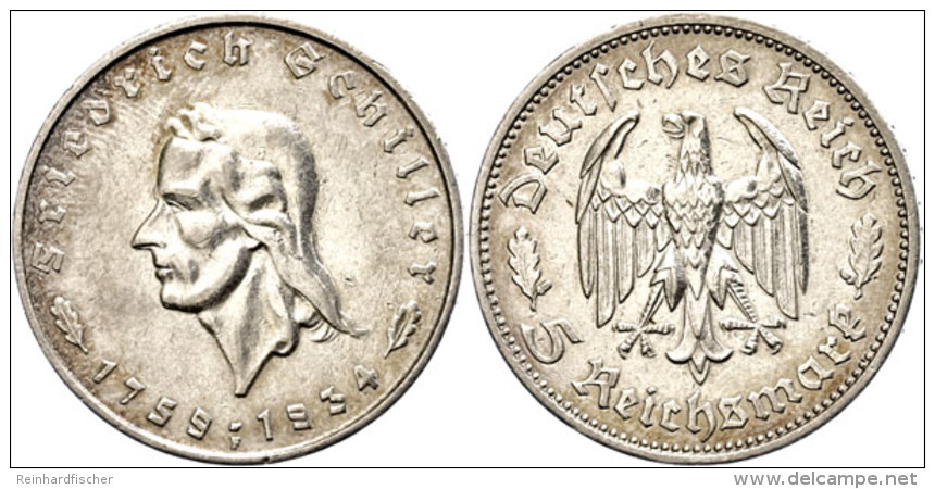 5 Reichsmark, 1934, Friedrich Von Schiller, F. Vz., Katalog: J. 359 5 Reichmark, 1934, Frederic Von Schiller,... - Otros & Sin Clasificación