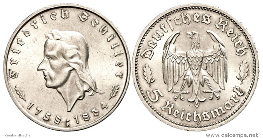 5 Reichsmark, 1934 F, Zum 175. Geburtstag Von Friedrich Schiller, Winz. Rf, Feine Kratzer, Etw. Berieben, Vz+,... - Otros & Sin Clasificación