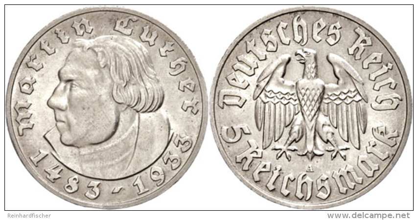 5 Reichsmark, 1933, Martin Luther, A, Vz., Katalog: J. 353 Vz5 Reichmark, 1933, Martin Luther, A, Extremley... - Otros & Sin Clasificación