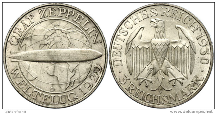 3 Reichsmark, 1930, Zeppelin, Mzz D, Vz., Katalog: J. 342 Vz3 Reichmark, 1930, Zeppelin, Mzz D, Extremley Fine,... - Autres & Non Classés
