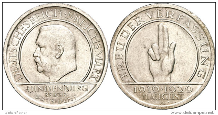 5 Reichsmark, 1929, A, Hindenburg, Kl .Rf., Vz., Katalog: J. 341 Vz5 Reichmark, 1929, A, Hindenburg, Kl . Edge... - Autres & Non Classés