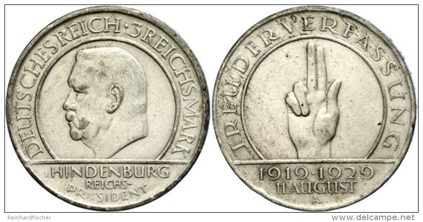 3 Reichsmark, 1929, Schwurhand, Mzz A, Ss-vz., Katalog: J. 340 Ss-vz3 Reichmark, 1929, Oath Hand, Mzz A, Very... - Autres & Non Classés