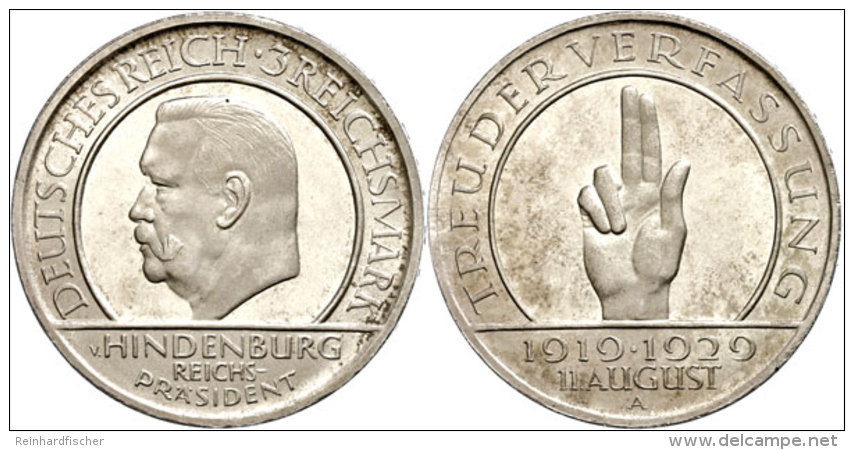 3 Reichsmark, 1929, A, Hindenburg, Vz Aus PP., Katalog: J. 340 3 Reichmark, 1929, A, Hindenburg, Extremly Fine... - Autres & Non Classés