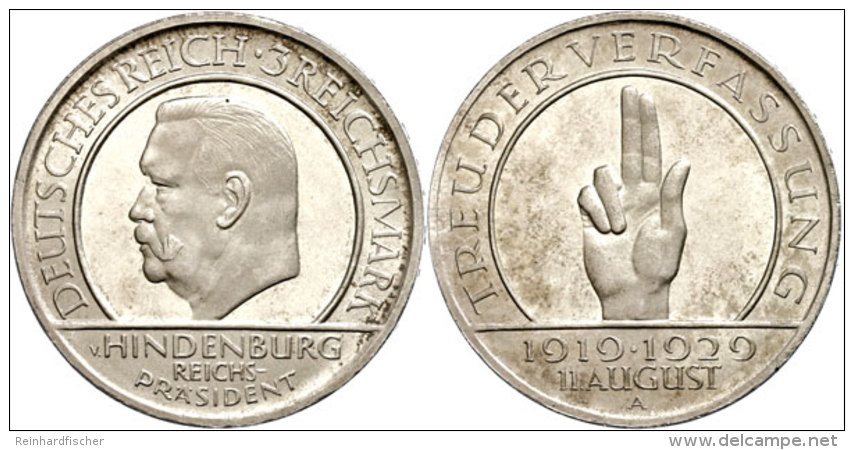 3 Reichsmark, 1929, A, Hindenburg, Vz Aus PP., Katalog: J. 340 3 Reichmark, 1929, A, Hindenburg, Extremly Fine... - Otros & Sin Clasificación