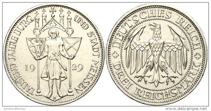 3 Reichsmark, 1929 E, 1000 Jahre Burg Und Stadt Meissen, Min. Rf, Vz+, Katalog: J. 338 3 Reichmark, 1929 E,... - Autres & Non Classés