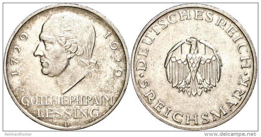 5 Reichsmark, 1929, D, Lessing, Vz, Katalog: J. 336 Vz5 Reichmark, 1929, D, Lessing, Extremly Fine, Catalogue:... - Autres & Non Classés