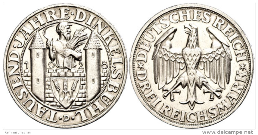 3 Reichsmark, 1928 D, 1000 Jahre Dinkelsbühl, Etw. Berieben, Min. Rf, Vz-st, Katalog: J. 334 Vz-st3... - Autres & Non Classés