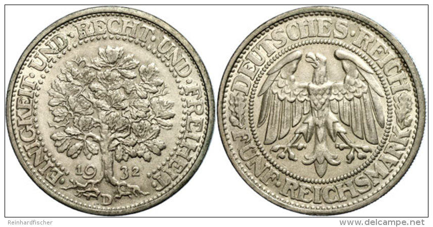 5 Reichsmark, 1932, Eichbaum, Mzz D, Vz., Katalog: J. 331 Vz5 Reichmark, 1932, Oak Tree, Mzz D, Extremley Fine,... - Autres & Non Classés