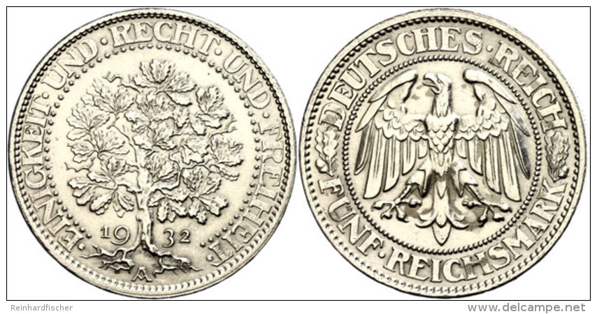 5 Reichsmark, 1932 A, Eichbaum, Klebespur, Min. Rf, Vz, Katalog: J. 331 Vz5 Reichmark, 1932 A, Oak Tree, Trace... - Autres & Non Classés