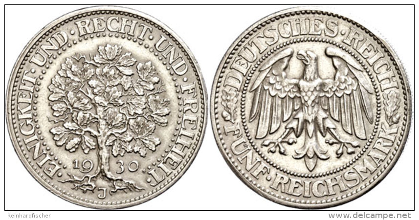 5 Reichsmark, 1930, J, Eichbaum, Kl. Rf., Ss+., Katalog: J. 331 5 Reichmark, 1930, J, Oak Tree, Small Edge... - Autres & Non Classés