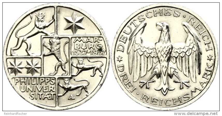 3 Reichsmark, 1927 A, 400. Jahre Philipps Universität Marburg, Min. Rf, Kleiner Fleck Auf Av, Vz-st, Katalog:... - Autres & Non Classés