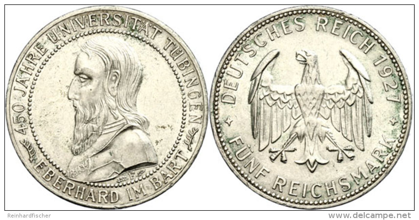 5 Reichsmark, 1927, Universität Tübingen, Kleine Randfehler, Vz., Katalog: J. 329 Vz5 Reichmark,... - Autres & Non Classés