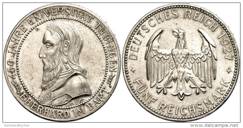 5 Reichsmark, 1927 F, Universität Tübingen, Patina, Berieben, Vz-st, Katalog: J. 329 Vz-st5... - Autres & Non Classés