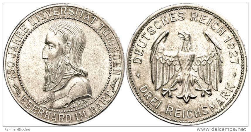 3 Reichsmark, 1927 F, Universität Tübingen, Winz. Rf, Vz-st, Katalog: J. 328 3 Reichmark, 1927 F,... - Otros & Sin Clasificación