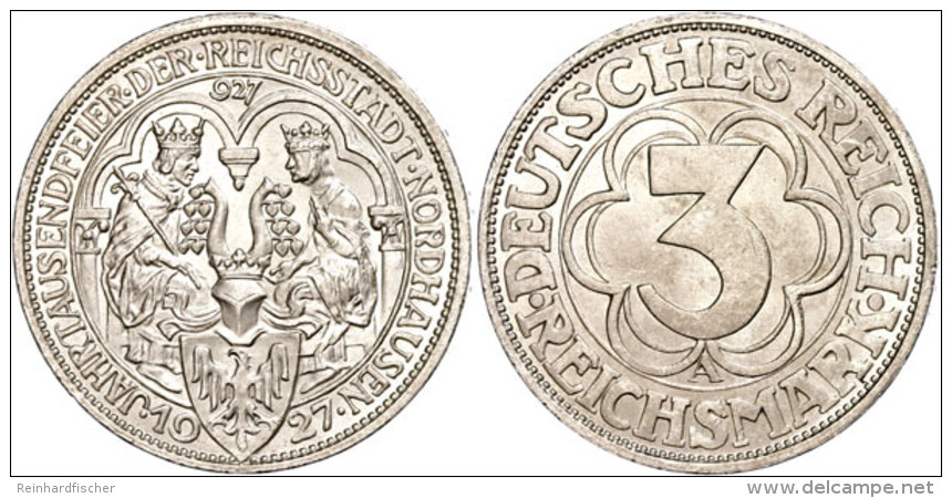 3 Reichsmark, 1927, Nordhausen, Kl. Rf, Vz-st, Katalog: J. 327 Vz-st3 Reichmark, 1927, Nordhausen, Small Rf,... - Autres & Non Classés