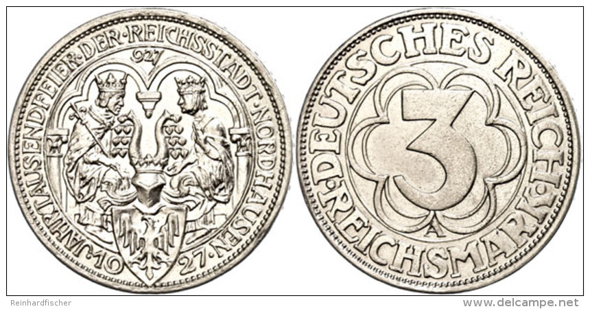 3 Reichsmark, 1927 A, 1000 Jahre Nordhausen, Winz. Rf, Vz-st, Katalog: J. 327 3 Reichmark, 1927 A, 1000 Years... - Otros & Sin Clasificación