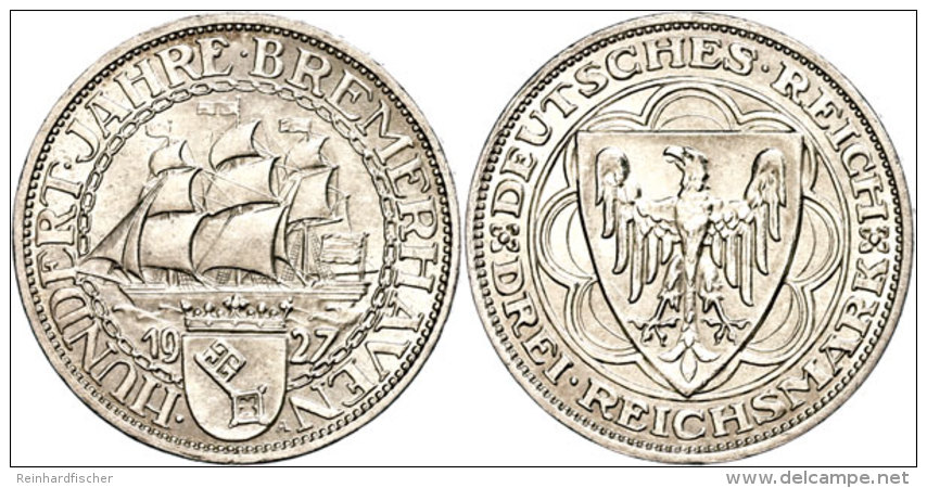 3 Reichsmark, 1927, Bremerhaven, Wz. Rf., Vz., Katalog: J. 325 Vz3 Reichmark, 1927, Bremerhaven, Watermark.... - Autres & Non Classés