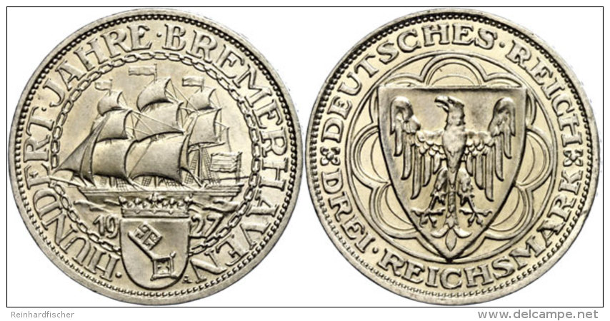 3 Reichsmark, 1927 A, 100 Jahre Bremerhaven, Vz, Katalog: J. 325 Vz3 Reichmark, 1927 A, A Hundred Years... - Sonstige & Ohne Zuordnung
