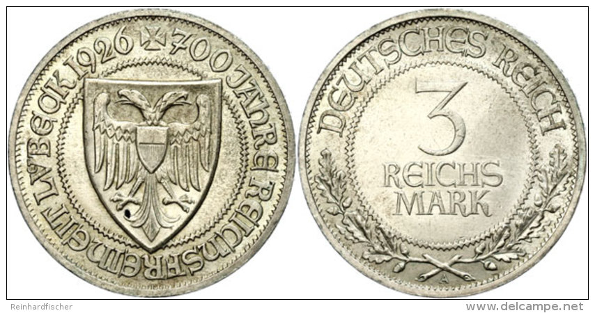 3 Reichsmark, 1926, 700 Jahre Reichsfreiheit Lübeck, Vz., Katalog: J. 323 Vz3 Reichmark, 1926, 700 Years... - Autres & Non Classés