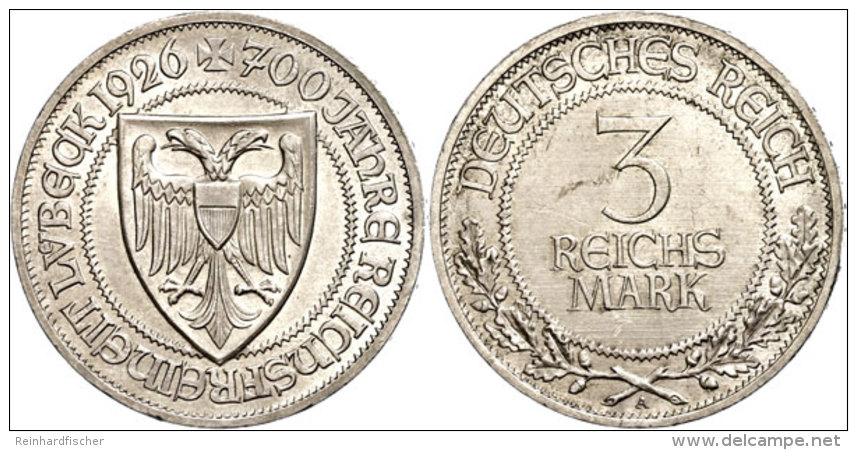 3 Reichsmark, 1926 A, 700 Jahre Reichsfreiheit Lübeck, Min. Rf, Schleifspur Auf Av, Vz+, Katalog: J. 323 3... - Autres & Non Classés